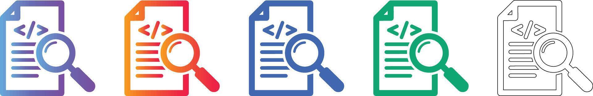 código análisis y depuración documento icono conjunto vector