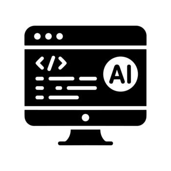 Solid Style Artificial Intelligence Coding on Desktop Computer Icon vector