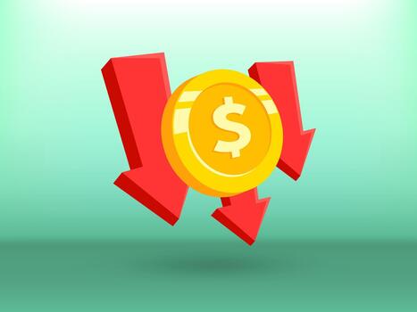 dólar moneda rojo abajo flechas disminución indicando financiero disminución inflación vector