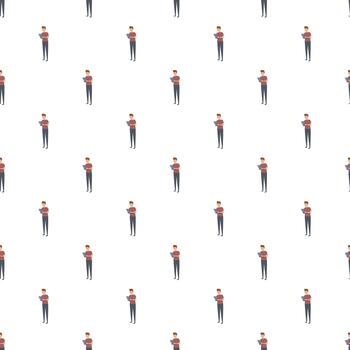Young man using tablet seamless pattern vector