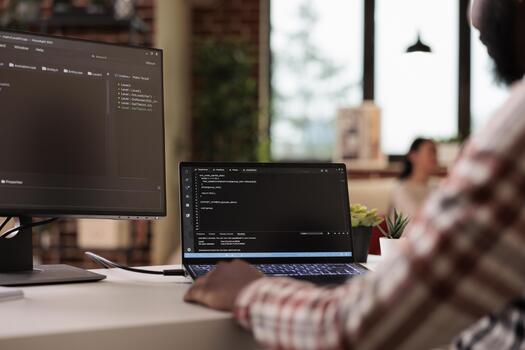 software desarrollador programación cortafuegos seguridad en múltiple monitores, aprendizaje nuevo usuario interfaz. desarrollando solicitud nube servidor con binario código y html guión en terminal ventana. foto