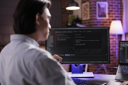 App programmer using binary code to script security system, programming firewall encryption. Working with program data server to develop network on coding software, using advanced app interface. photo