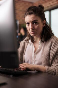 empresa descifrador escritura javascript código en computadora, sentado a escritorio analizando algoritmo en eso programación agencia. software desarrollador trabajando en aplicación desarrollando programa. red tecnología concepto foto