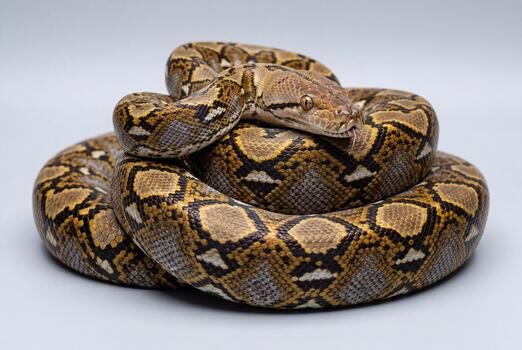Coiled reticulated python with gold scale patterns photo