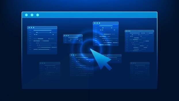 tecnología antecedentes presentando un digital pantalla con código interfaz y cursor flecha, representando software desarrollo, programación, codificación flujo de trabajo, web desarrollo, y moderno digital ingeniería. vector