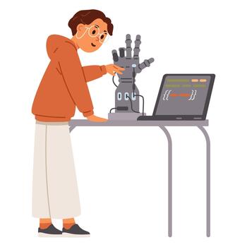 Schoolgirl programming robotic arm vector