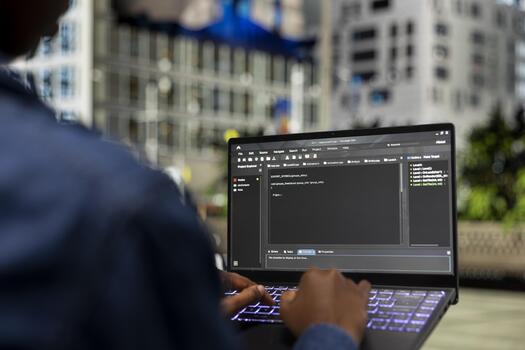 escritura código, ordenador portátil de cerca y software desarrollador en parque banco implementar algoritmos independiente al aire libre, cuaderno monitor y programador utilizando programación idiomas guión programa foto