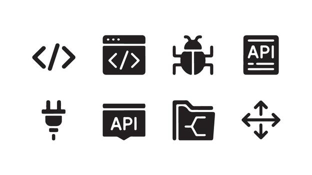 api programación íconos conjunto con código, bicho, enchufar, datos intercambiar y api documentación símbolos para software desarrollo vector