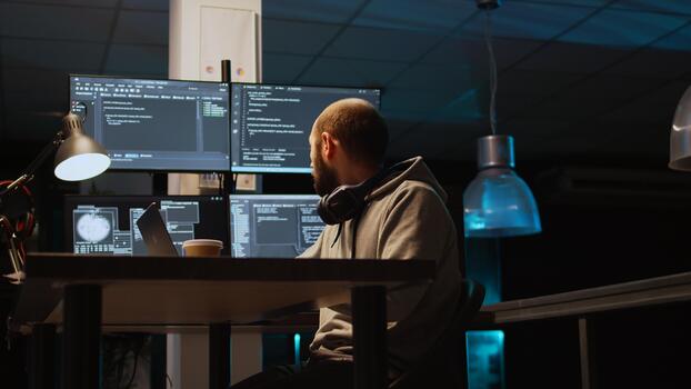 sistema programador mecanografía fuente código en ordenador portátil y múltiple monitores, utilizando programación idioma a crear cortafuegos seguridad servidor. descifrador desarrollando base de datos nube informática. Mano disparo. foto