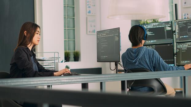 Database programer writing source code with coding language in it development room. App developer working on database programming with html script, computing big data. Handheld shot. photo