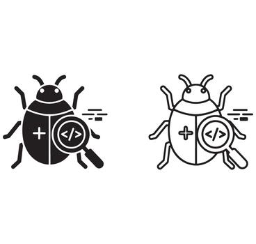 Bug icon with magnifying glass and code symbol on belly computer programming error concept software development and coding issues debugging process vector