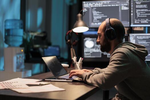 sistema ingeniero programación usuario interfaz en computadora y compilando fuente código con html guión y algoritmos codificación nube informática en línea programa en múltiple pantallas a noche. foto