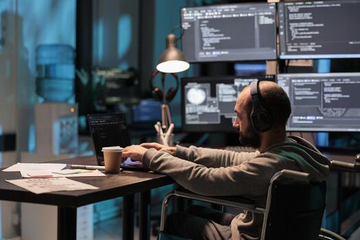 software desarrollador con crónico invalidez escritura código, informática grande datos a crear aplicación interfaz. utilizando html guión y base de datos fuente a programa artificial inteligencia algoritmo. foto