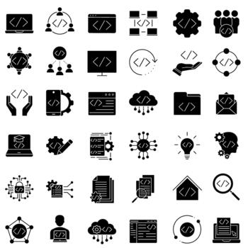 desarrollo icono colocar. programación ilustración firmar recopilación. software desarrollador símbolo. programa código logo. vector
