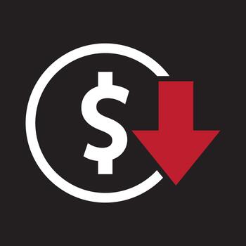 dólar abajo icono. precio disminución y incrementar símbolo. vector