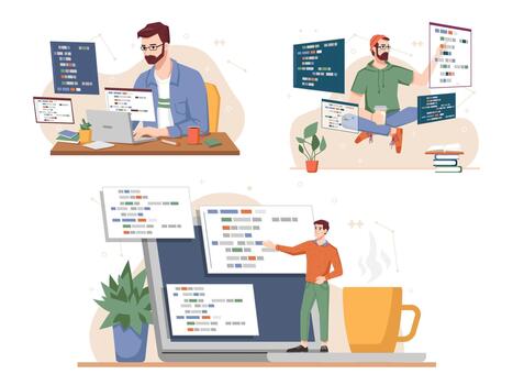 Programming set, man working on computer coding information using java language, programmer, games tester or developer writing scripts. Internet technology software, monitors screens, network vector