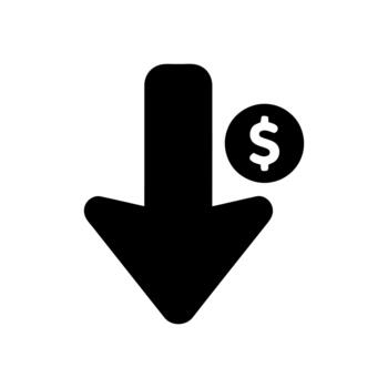 negro hacia abajo flecha con dólar firmar icono simbolizando financiero disminución o costo reducción vector