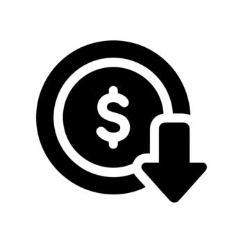 Icon representing a dollar coin with a downward arrow indicating a decrease in value or cost vector