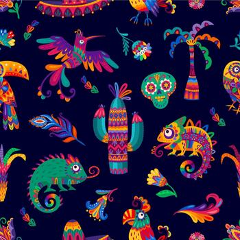Mexican characters objects seamless pattern vector