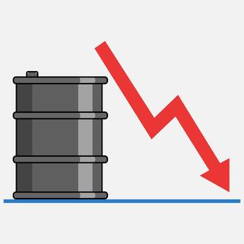 Oil barrel with a downward trending red arrow indicating price decrease vector