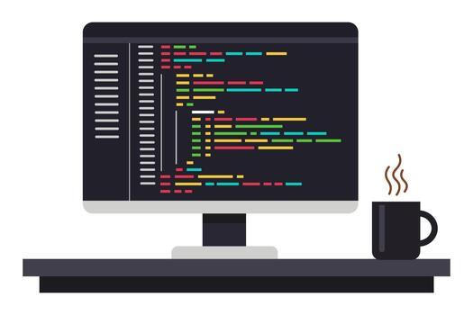 codificación computadora pantalla con café vector