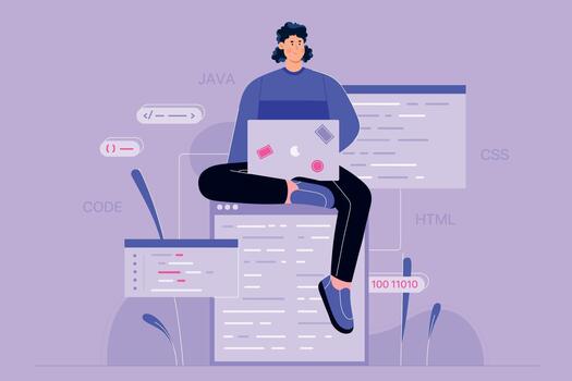 Script coding and programming in php, python, javascript, other languages. Cartoon professional programmer working with laptop online among windows and programs flat. Code concept vector