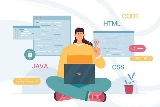Work of developer and coder with software. Cartoon character working with interactive interface, engineer coding program with computer language, programming with network clouds vector