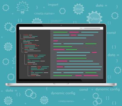 laptop coding concept. Web developer, design, programming. Laptop screen code vector
