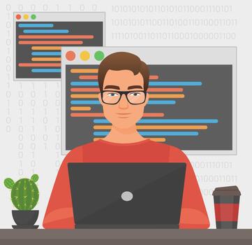 Man programmer is working with laptop code. Programmer coding vector