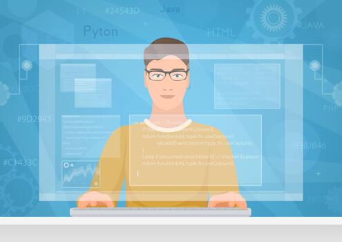 Man software engineer concept with design, optimization, responsive and developer solutions. Coder Engineer working with programm code on virtual screen vector