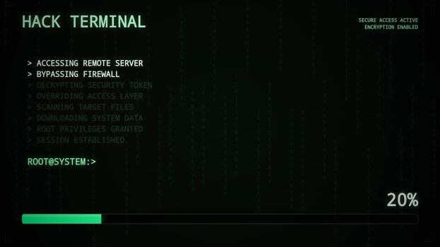 pirateria terminale interfaccia con progresso bar e binario codice sfondo video