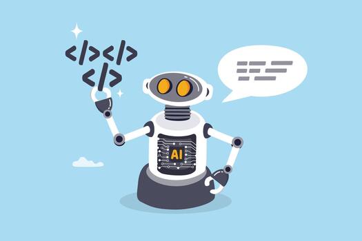 ambiente codificación utilizando artificial inteligencia y creatividad a escribir programación código crear software o solicitud, innovación idea o programador utilizando robot escritura código con charla habla burbuja. vector
