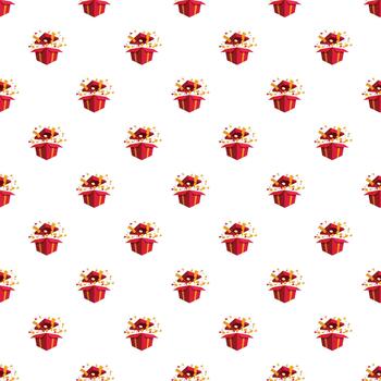 Repeating red gift boxes exploding with confetti pattern vector