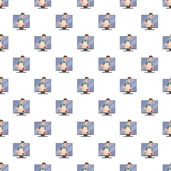 Chef cooking tutorial on screen seamless pattern vector