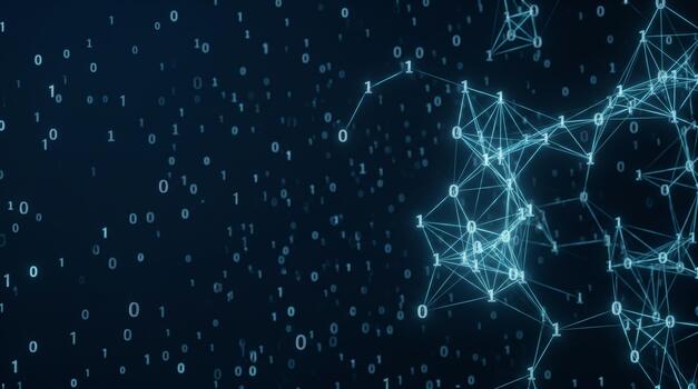 Glowing binary code network representing coding and data science on dark background. photo
