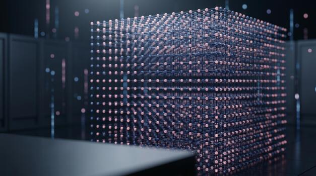 Quantum computing processor cube in dark high-tech server room laboratory. photo