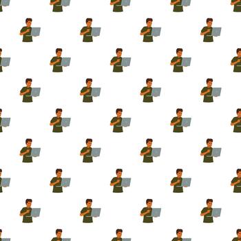 Young man using laptop seamless repeating pattern vector