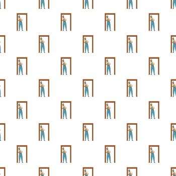 Worker installing door frame seamless pattern background vector