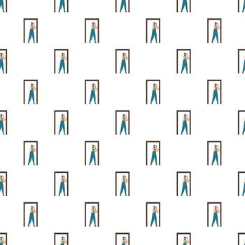 Worker installing door frame seamless repeating pattern vector