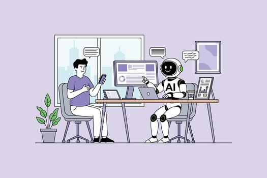 Developer Coding with AI Robot Assistant vector