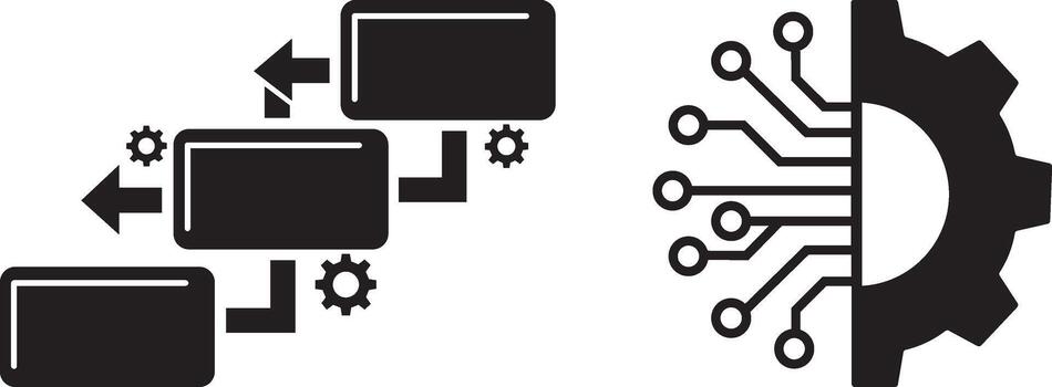 Workflow algorithm pipeline and technical process integration icon set. vector