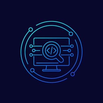 software código auditoría icono con computadora, lineal diseño vector