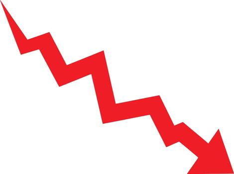 Red zigzag arrow pointing down representing a decline or decrease vector