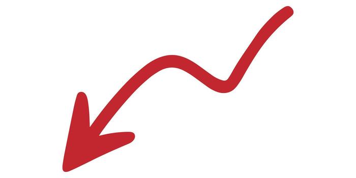 Red arrow pointing down, sign of decrease, decline, fall, downward trend, red arrow vector