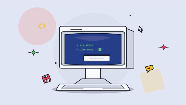 retro escritorio computadora plano estético cargando datos programación sistema vector