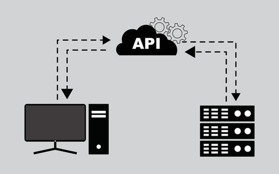 Application programming interface connection between client application and server database for automated data processing illustration. vector