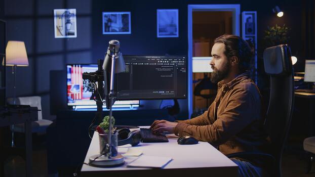programador desarrollando código en computadora pantalla mientras en personal oficina utilizando Java programación idiomas eso administración trabajando con software herramienta, fijación base de datos errores mientras trabajando desde hogar. foto