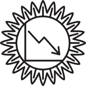 Solar energy production decrease icon featuring declining graph inside sun symbol for climate change. vector
