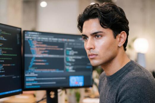 enfocado hombre trabajando en computadora programación y software código foto