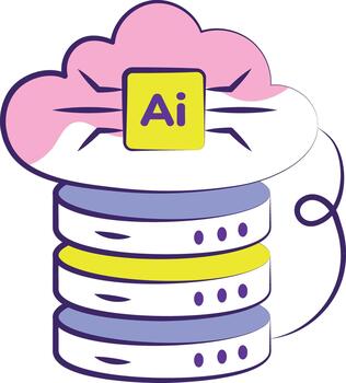 Cloud database with artificial intelligence label. vector